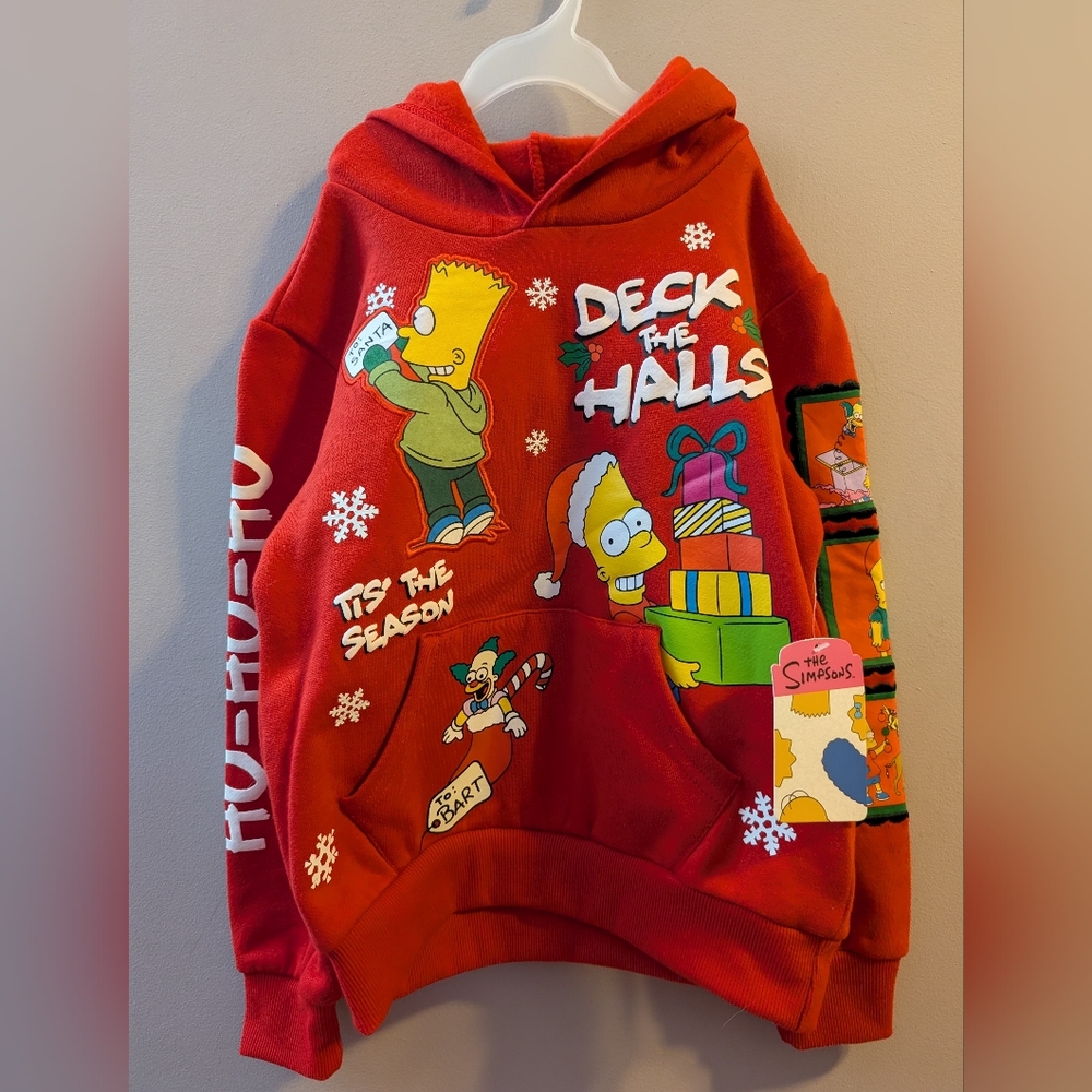 🆕 Red Simpsons Naughty Bart Christmas Holiday Hoodie Puffy Print Boys Size 6 🎁
